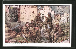 Kuenstler-AK-sign-James-Thiriar-Belgische-Soldaten-nach-der-Schlacht