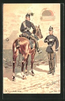 Kuenstler-AK-sign-L-Geens-Armee-Belge-Le-Train-belgischer-Kavallerist-in-Uniform-und-Soldat