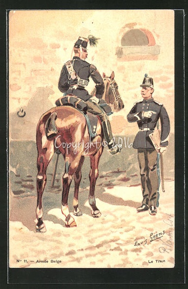 Kuenstler-AK-sign-L-Geens-Armee-Belge-Le-Train-belgischer-Kavallerist-in-Uniform-und-Soldat.jpg