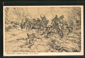 Kuenstler-AK-Soldaten-der-belgischen-Artillerie-im-Gefecht