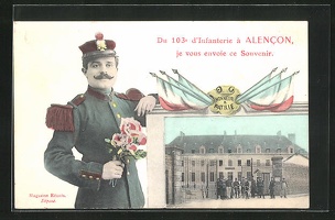 AK-Alencon-Du-103e-d-Infanterie-Kaserne-und-Soldat-in-Uniform-mit-Blumen