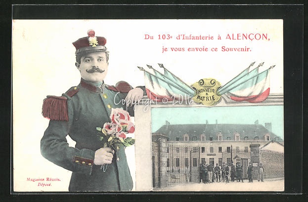 AK-Alencon-Du-103e-d-Infanterie-Kaserne-und-Soldat-in-Uniform-mit-Blumen.jpg